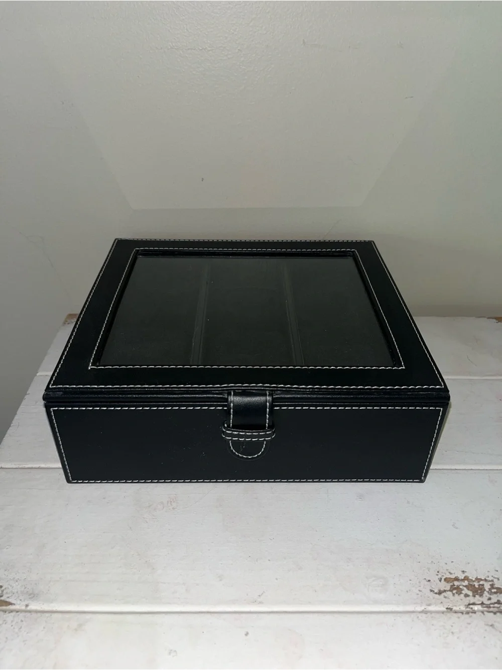 Black Leather Glass-Top Jewelry Organizer Box